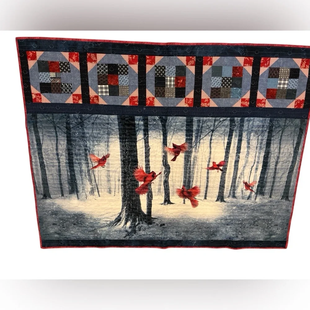 Handmade Quilted Patchwork Throw W/ Cardinals In the Woods Trees Navy Red 52x44”